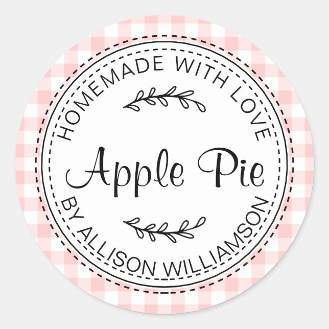 Rustic Homemade Apple Pie Pink White Check Classic Round Sticker (Front)