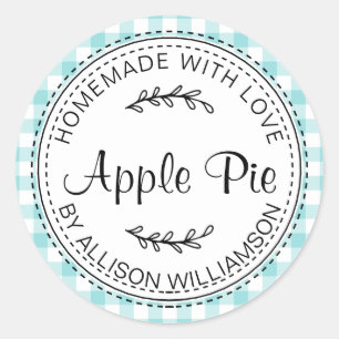Rustic Homemade Apple Pie Turquoise Blue Check Classic Round Sticker