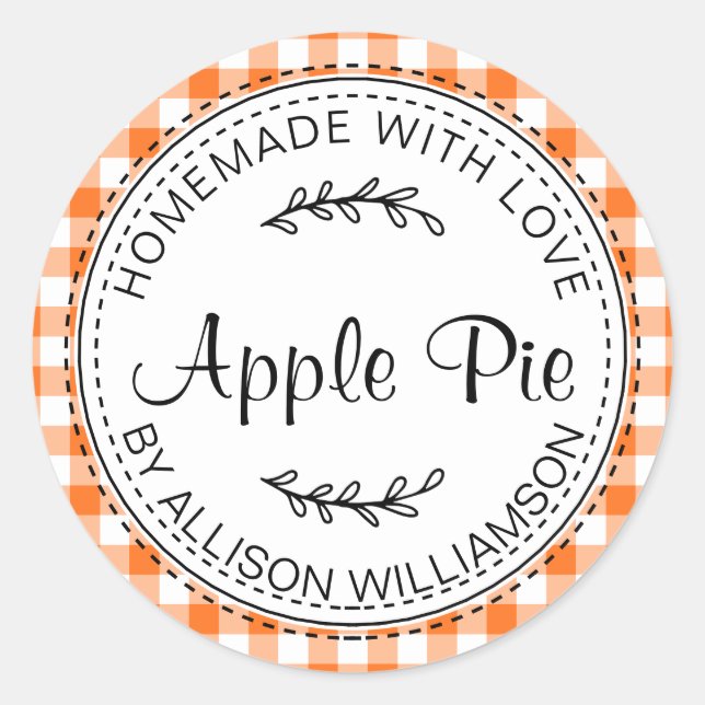 Rustic Homemade Apple Pie Vibrant Orange Check Classic Round Sticker (Front)