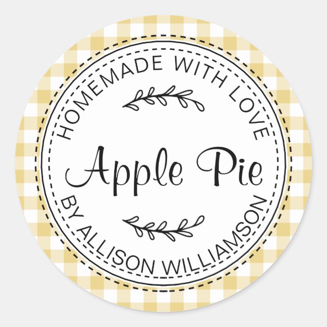 Rustic Homemade Apple Pie Yellow Check Classic Round Sticker (Front)