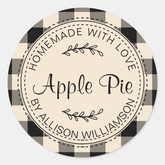 Rustic Homemade Baked Goods Apple Pie Black Check Classic Round Sticker (Front)
