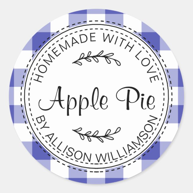Rustic Homemade Baked Goods Apple Pie Blue Check Classic Round Sticker (Front)