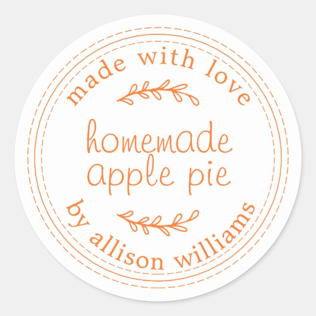Rustic Homemade Baked Goods Apple Pie Orange White Classic Round Sticker (Front)