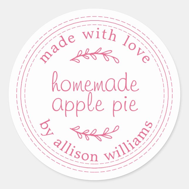 Rustic Homemade Baked Goods Apple Pie Pink White Classic Round Sticker (Front)