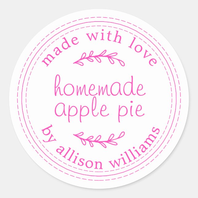 Rustic Homemade Baked Goods Apple Pie Pink White Classic Round Sticker (Front)
