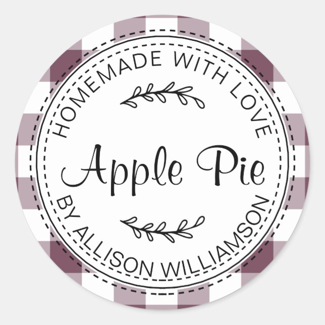 Rustic Homemade Baked Goods Apple Pie Purple Check Classic Round Sticker (Front)