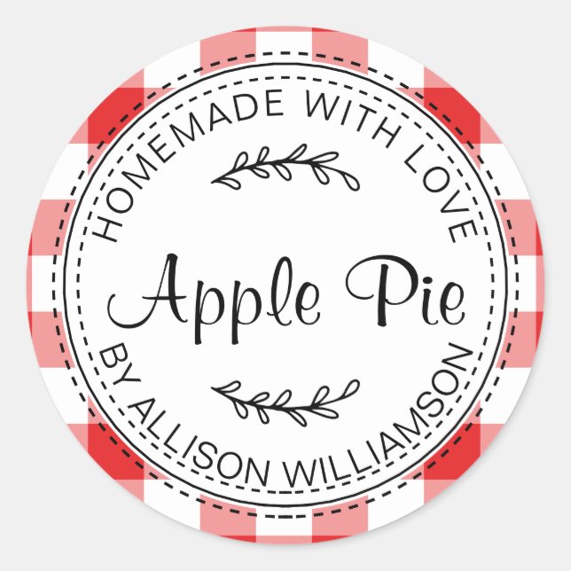 Rustic Homemade Baked Goods Apple Pie Red Check Classic Round Sticker (Front)
