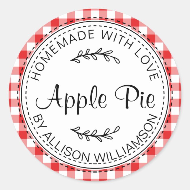 Rustic Homemade Baked Goods Apple Pie Red Check Classic Round Sticker (Front)