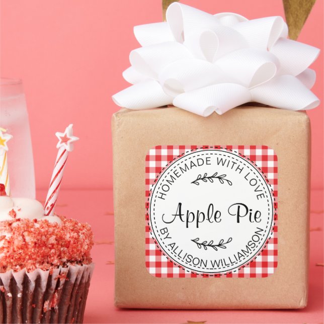 Rustic Homemade Baked Goods Apple Pie Red Check  Square Sticker (Party)