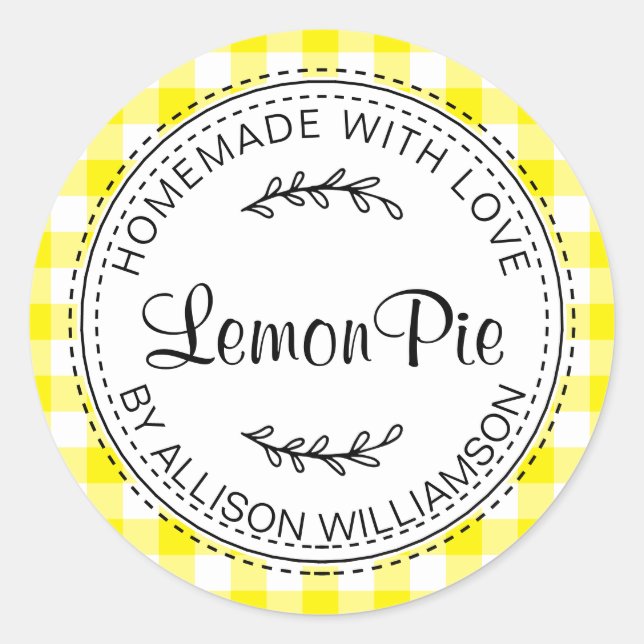 Rustic Homemade Baked Goods Lemon Pie Yellow Check Classic Round Sticker (Front)