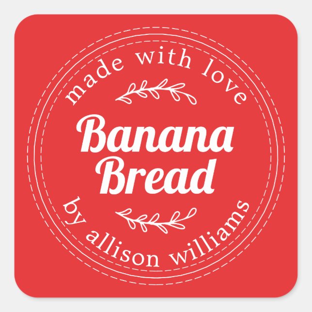 Rustic Homemade Banana Bread Bright Red Square Sticker (Front)