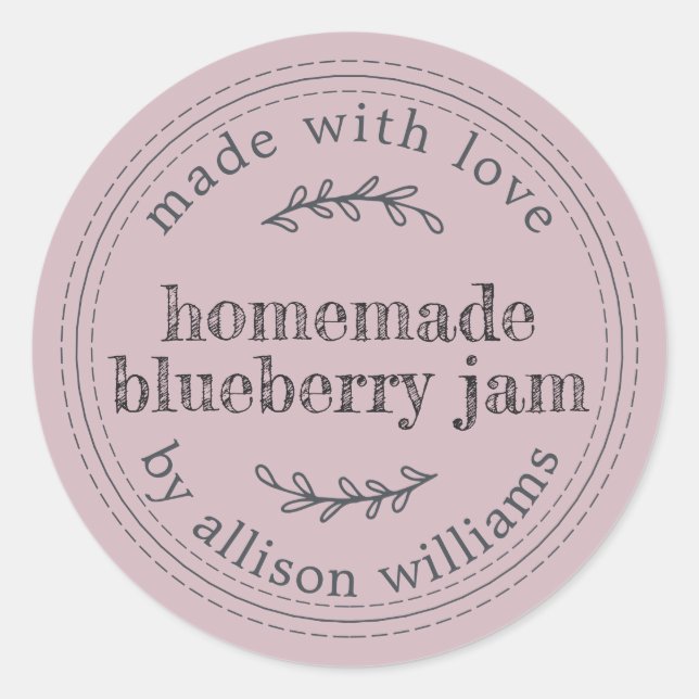 Rustic Homemade Blueberry Jam Can Pastel Purple Classic Round Sticker (Front)