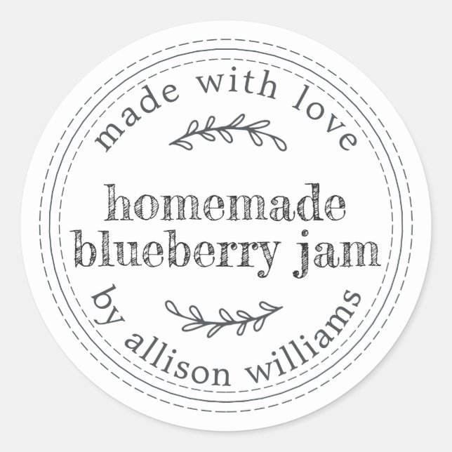 Rustic Homemade Blueberry Jam Canning Black White Classic Round Sticker (Front)