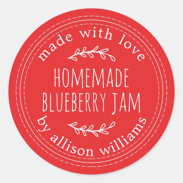 Rustic Homemade Blueberry Jam Canning Bright Red Classic Round Sticker (Front)