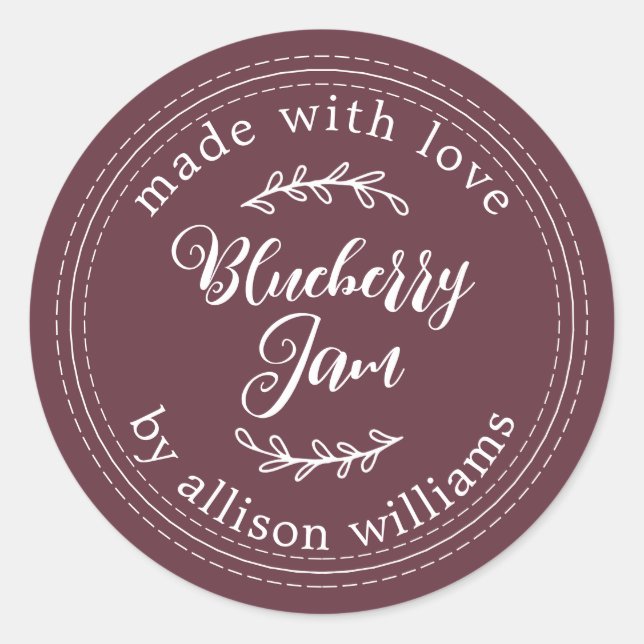 Rustic Homemade Blueberry Jam Canning Burgundy Classic Round Sticker (Front)