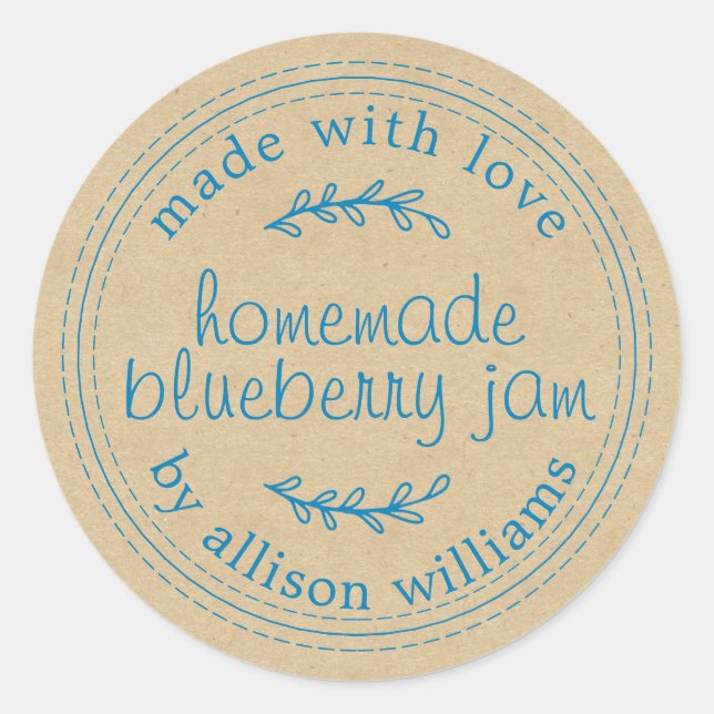 Rustic Homemade Blueberry Jam Canning Kraft Paper Classic Round Sticker (Front)