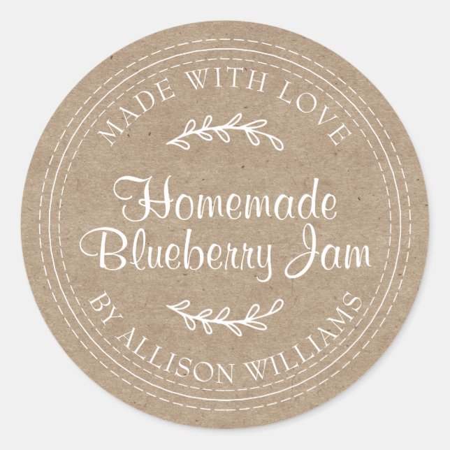 Rustic Homemade Blueberry Jam Canning Kraft Paper Classic Round Sticker (Front)