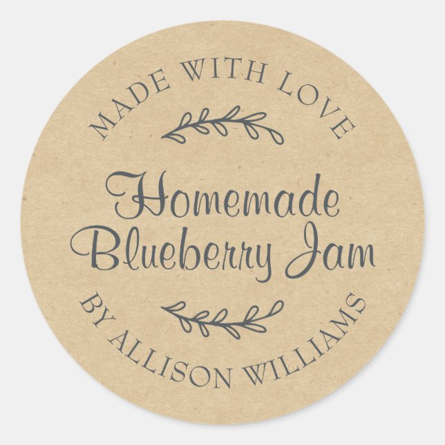 Rustic Homemade Blueberry Jam Canning Kraft Paper Classic Round Sticker (Front)
