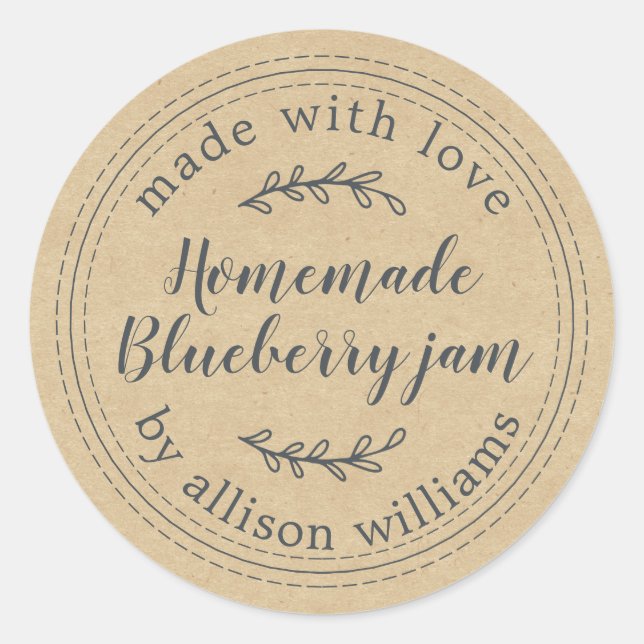 Rustic Homemade Blueberry Jam Canning Kraft Paper Classic Round Sticker (Front)