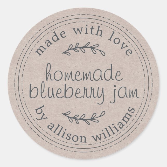 Rustic Homemade Blueberry Jam Canning Kraft Paper Classic Round Sticker (Front)