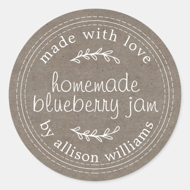 Rustic Homemade Blueberry Jam Canning Kraft Paper Classic Round Sticker (Front)