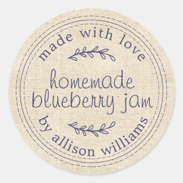 Rustic Homemade Blueberry Jam Canning Navy Blue Classic Round Sticker (Front)