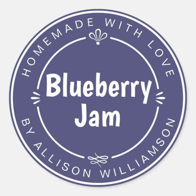 Rustic Homemade Blueberry Jam Canning Navy Blue Classic Round Sticker (Front)