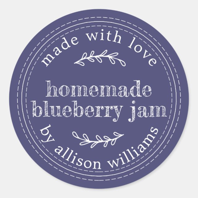 Rustic Homemade Blueberry Jam Canning Navy Blue Classic Round Sticker (Front)