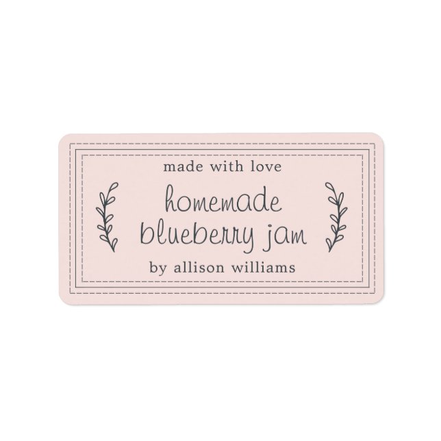 Rustic Homemade Blueberry Jam Canning Pastel Pink Label (Front)