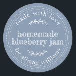 Rustic Homemade Blueberry Jam Canning Vintage Blue Classic Round Sticker<br><div class="desc">Rustic and modern homemade jam canning blueberry jam jar sticker with the text made with love, homemade blueberry jam and your name in modern script on a vintage blue background. Simply add your name and the product name to the label. Exclusively designed for you by Happy Dolphin Studio. If you...</div>