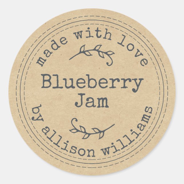 Rustic Homemade Blueberry Jam Kraft Paper Classic  Round Sticker (Front)