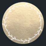 Rustic Homemade Champagne Gold Write On Blank Classic Round Sticker<br><div class="desc">Rustic, simple and modern write on homemade sticker with a lovely white foliage wreath on a champagne gold background. Simply write your name and the product name on the blank label. Exclusively designed for you by Happy Dolphin Studio. If you need any help or matching products, please contact us at...</div>