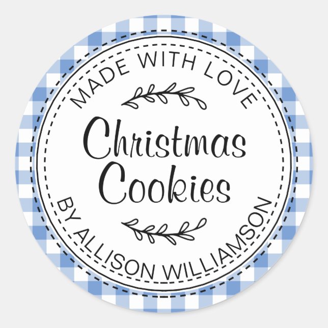 Rustic Homemade Christmas Cookies Blue Check Classic Round Sticker (Front)