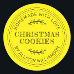 Rustic Homemade Christmas Cookies Bright Yellow Classic Round Sticker<br><div class="desc">Rustic and modern homemade baked goods sticker with the text homemade with love, christmas cookies and your name in modern typography on a bright yellow background. Simply add your name and the product name to the label. Exclusively designed for you by Happy Dolphin Studio. If you need any help or...</div>