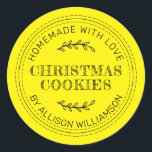 Rustic Homemade Christmas Cookies Bright Yellow Classic Round Sticker<br><div class="desc">Rustic and modern homemade baked goods sticker with the text homemade with love, christmas cookies and your name in modern typography on a bright yellow background. Simply add your name and the product name to the label. Exclusively designed for you by Happy Dolphin Studio. If you need any help or...</div>