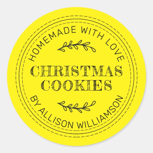 Rustic Homemade Christmas Cookies Bright Yellow Classic Round Sticker (Front)