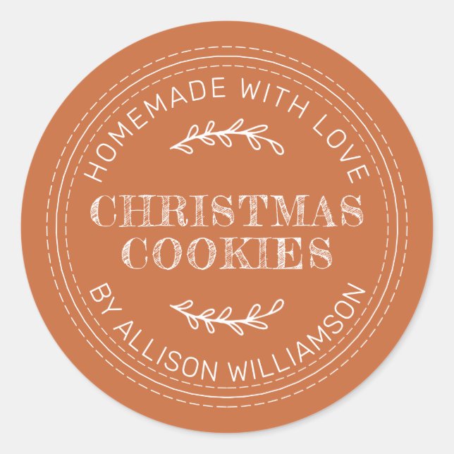 Rustic Homemade Christmas Cookies Burnt Orange Classic Round Sticker (Front)