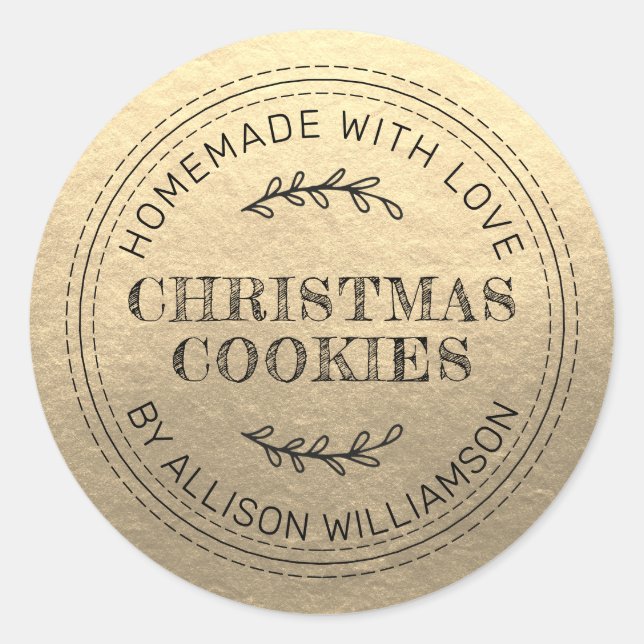 Rustic Homemade Christmas Cookies Champagne Gold Classic Round Sticker (Front)