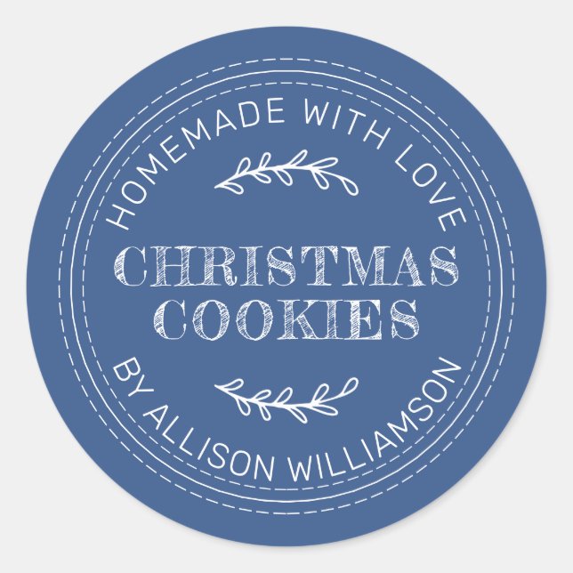 Rustic Homemade Christmas Cookies Classic Blue Classic Round Sticker (Front)