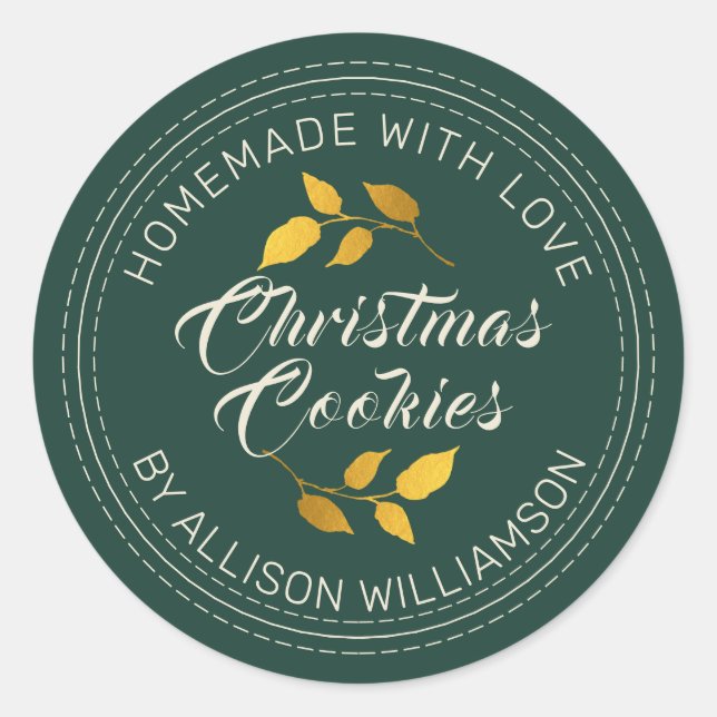 Rustic Homemade Christmas Cookies Dark Green Classic Round Sticker (Front)