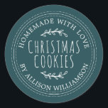 Rustic Homemade Christmas Cookies Deep Teal Classic Round Sticker<br><div class="desc">Rustic and modern homemade baked goods sticker with the text homemade with love, christmas cookies and your name in stylish typography on a deep teal background. Simply add your name and the product name to the label. Exclusively designed for you by Happy Dolphin Studio. If you need any help or...</div>