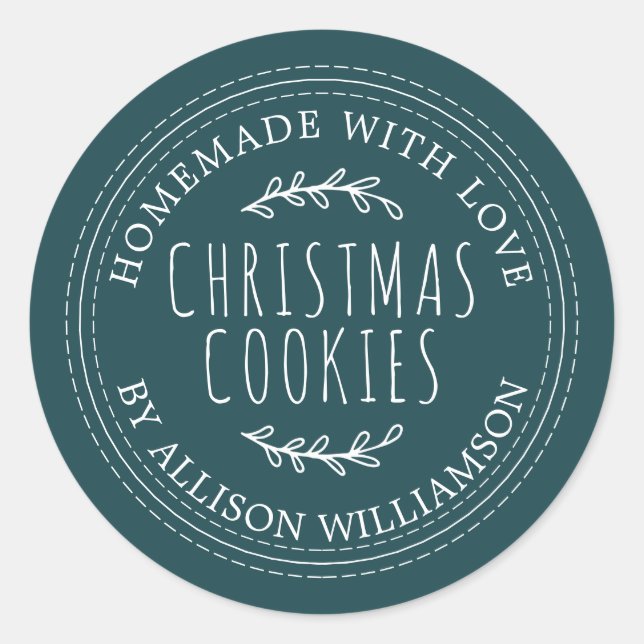 Rustic Homemade Christmas Cookies Deep Teal Classic Round Sticker (Front)