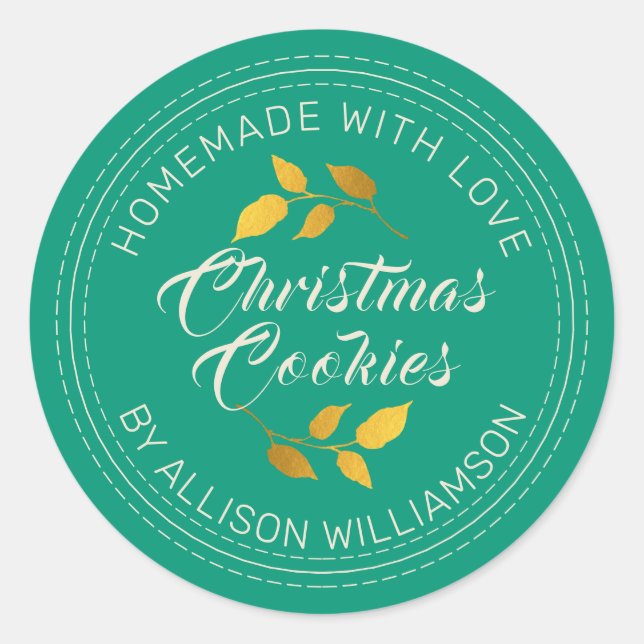 Rustic Homemade Christmas Cookies Emerald Green Classic Round Sticker (Front)