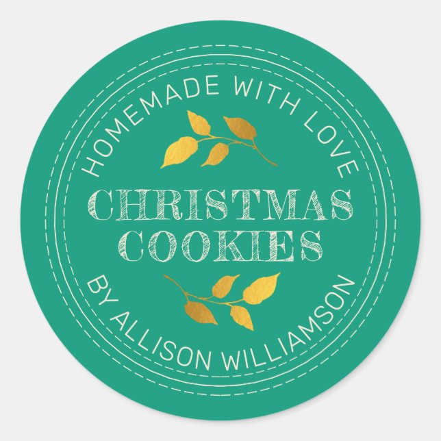 Rustic Homemade Christmas Cookies Emerald Green Classic Round Sticker (Front)