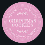 Rustic Homemade Christmas Cookies Fuchsia Pink Classic Round Sticker<br><div class="desc">Rustic and modern homemade baked goods sticker with the text homemade with love, christmas cookies and your name in modern typography on a fuchsia pink background. Simply add your name and the product name to the label. Exclusively designed for you by Happy Dolphin Studio. If you need any help or...</div>