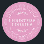 Rustic Homemade Christmas Cookies Fuchsia Pink Classic Round Sticker<br><div class="desc">Rustic and modern homemade baked goods sticker with the text homemade with love, christmas cookies and your name in modern typography on a fuchsia pink background. Simply add your name and the product name to the label. Exclusively designed for you by Happy Dolphin Studio. If you need any help or...</div>