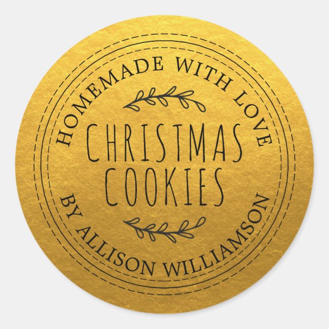Rustic Homemade Christmas Cookies Gold Classic Round Sticker (Front)