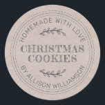 Rustic Homemade Christmas Cookies Kraft Paper Classic Round Sticker<br><div class="desc">Rustic and modern homemade baked goods sticker with the text homemade with love, christmas cookies and your name in modern typography on a kraft paper background. Simply add your name and the product name to the label. Exclusively designed for you by Happy Dolphin Studio. If you need any help or...</div>