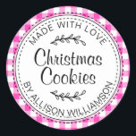 Rustic Homemade Christmas Cookies Neon Pink Check Classic Round Sticker<br><div class="desc">Rustic, modern and simple homemade baked goods apple pie sticker with the text made with love, Christmas cookies and your name in elegant handwritten script calligraphy and typography on a neon pink check pattern background with a stylish touch of foliage. Simply add your name and the product name to the...</div>