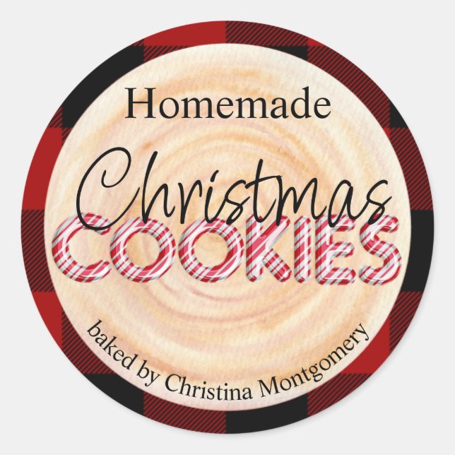 Rustic Homemade Christmas Cookies on Wood & Plaid Classic Round Sticker (Front)
